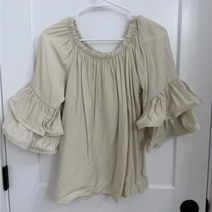 Beige Linen Women's Blouse with Ruffled Sleeves